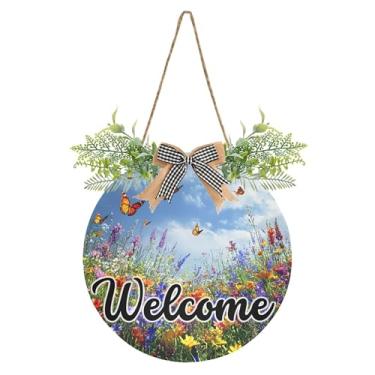 Imagem de SEHANY Placa de boas-vindas com flores de jardim, decoração de porta da frente, guirlanda de boas-vindas redonda para decoração de casa de fazenda, varanda, pátio, 30 x 30 cm