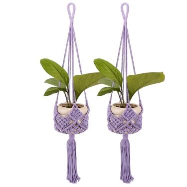 Imagem de BUNCHBRAVO Pacote com 2 cabides para plantas de macramê, plantadores pendurados em corda de algodão de 83 cm com design de diamante, decoração de casa boho para uso interno e externo, roxo