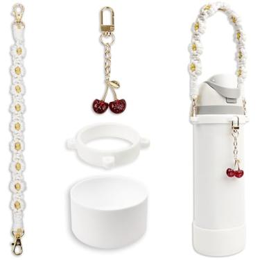 Imagem de BydGxy Conjunto de alça e bota protetora de silicone com pingente de cereja compatível com garrafa de água Owala 947 ml e FreeSip, base de suporte de copo antiderrapante conjunto de acessórios Owala