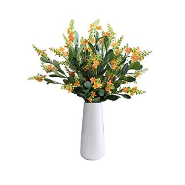 Imagem de LMJYU Arranjos florais de flores artificiais de 60 cm, flores artificiais com vaso de cerâmica branca, planta falsa para casa, sala de jantar, flores falsas