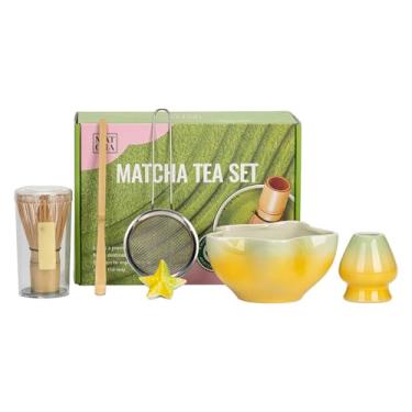 Imagem de Cosiki Conjunto de Batedor Matcha, Kit de Cerâmica Matcha Com Suporte para Batedor de Tigela Matcha de 500ml, Peneira para Fazer Matchas Autênticas (Verde amarelo)