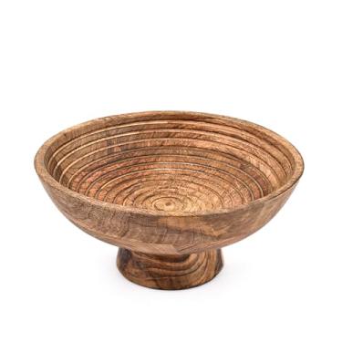 Imagem de Kaizen Casa Tigela de frutas de madeira decorativa feita à mão com base de pedestal – Acabamento rústico queimado para mesa de jantar, lanches, centro de mesa e decoração de casa (25,4 cm x 25,5 cm x