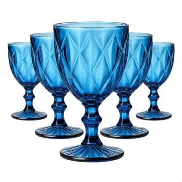 Imagem de Conjunto 6 Taças de Vidro Azul 330ml - Elegantes Coloridas para Vinho Suco Drinks - Kit Taças Diamante Bico de Jaca Design Sofisticado