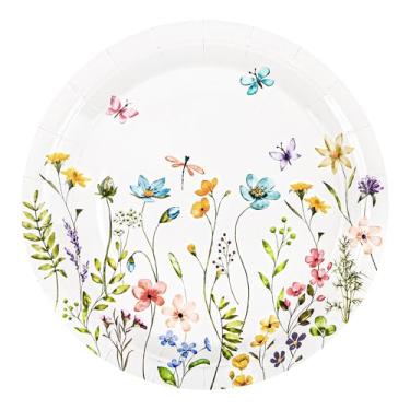 Imagem de AllReal 24 peças de pratos de papel de flores silvestres descartáveis primavera floral prato de festa 18 cm sobremesa botânica pratos de borboletas para chá de bebê nupcial piquenique chá de festa