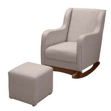 Imagem de Poltrona de Amamentação Balanço com Puff – Sofá em Linho, Encosto Alto Espuma D23/D20, Estrutura Eucalipto(Linho Bege)