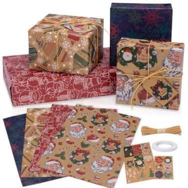 Imagem de Toptime Papel de embrulho de Natal, 8 folhas, papel de embrulho Kraft plano dobrado com etiquetas adesivas, cordão de papel, embrulho de presente de Natal marrom vintage com Papai Noel, bonecos de