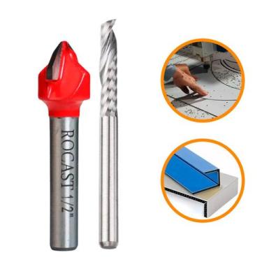 Imagem de Kit 2 Fresas Acm 6mm Corte Topo + Dobra V 90 Metal Duro Vídea Tupia Ro