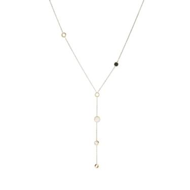 Imagem de Colar Y com círculos e detalhes em esmalte preto, banhado a ouro amarelo 18K sobre corrente de aço inoxidável, resistente a manchas, comprimento de 45 cm com extensão de 5 cm