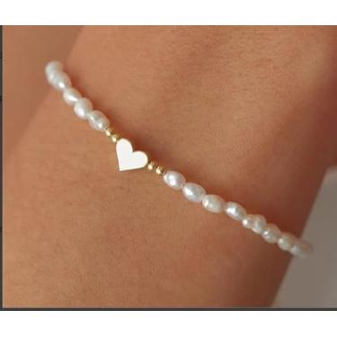 Imagem de Pulseira feminina com contas de coração de pérola irregular ajustável, joia boho elegante para aniversário, casamento, amizade, presentes para mulheres, presentes de Natal, Dia dos Namorados, Medium