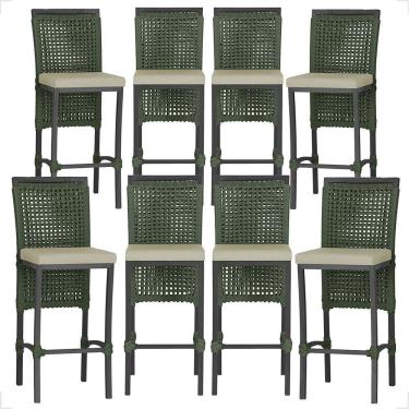 Imagem de 8 Banquetas Em Alumínio Roma Preta Corda Náutica Tecido 7 Verde