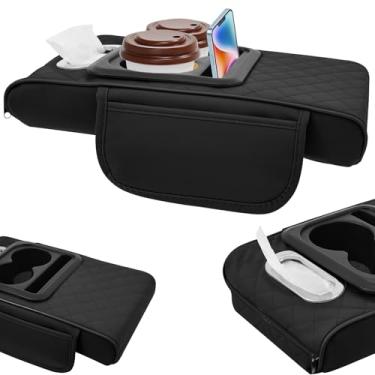Imagem de Almofada de console central de carro, tapete multifuncional 5 em 1 de couro PU para caixa de apoio de braço para carro, 2 porta-copos, suporte de telefone, organizador de lenços e 2 sacos de