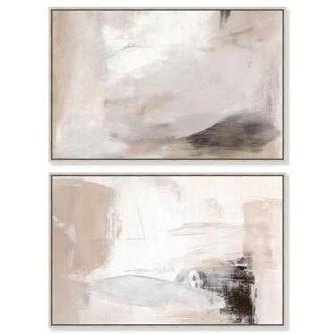 Imagem de Conjunto de 2 arte de parede para sala de estar com impressão abstrata de harmonia neutra por Art Remedy, moldura prata, 61 x 40 cm