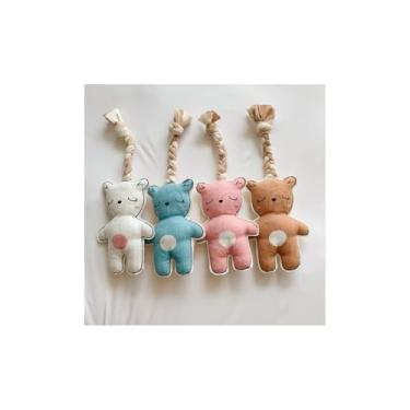 Imagem de MOM N POP Brinquedo de corda orgânica para cães com Squeaker – Brinquedo de pelúcia de lona durável para cães e gatos pequenos – Brinquedo interativo de puxar e buscar – Corpo de 17 cm + corda de 15