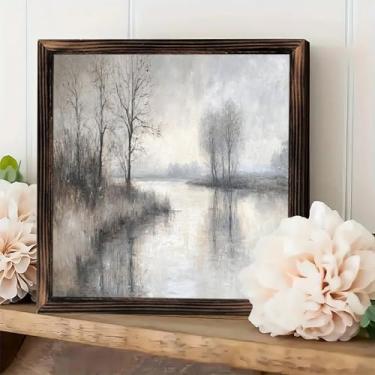 Imagem de Arte de parede emoldurada vintage rústica Rio enevoado com árvores nuas decoração de mesa 20 x 20 cm - presentes para fazenda, cafés, lojas, quarto, banheiro, casa e escritório