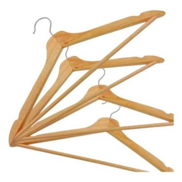 Imagem de Cabides de Madeira Premium, Natural, 44x22cm, Conjunto com 3 Unidades, Design Clássico para Roupas e Casacos