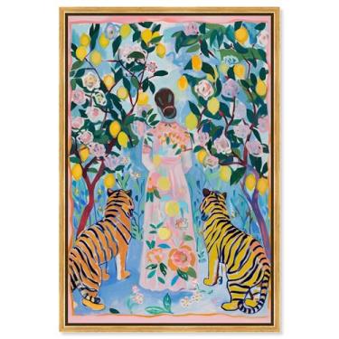 Imagem de Decoração de parede costeira com impressão em tela no jardim do tigre por Art Remedy, moldura dourada, 40,6 x 61 cm