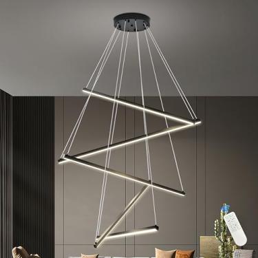 Imagem de Mccokaige Lustre de LED moderno de 5 luzes preto de 81 cm para sala de estar, lustre linear de LED regulável, quarto, lustres grandes para sala de jantar, luz pendente moderna para teto alto, sala de