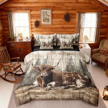 Imagem de Erosebridal Jogo de cama rústica de vaca Highland em um saco, 7 peças, animais de fazenda, animais de fazenda, floresta do oeste, conjunto de lençol com edredom