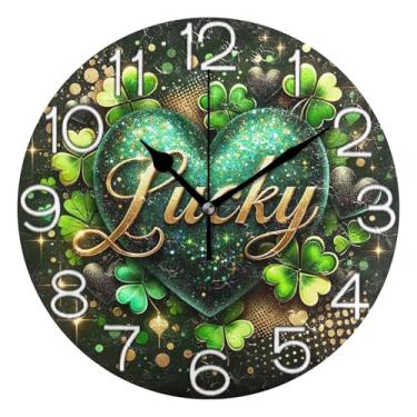 Imagem de GAIGEO Relógio de parede decorativo analógico quarto cozinha relógio divertido alimentado por bateria, sala de estar moderna decoração de parede desenho animado coração verde, 25 cm, ponteiros pretos