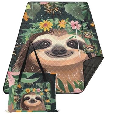 Imagem de TSENQUE Manta de praia com flores de preguiça fofa, impermeável, estampa à prova de areia, tapete de acampamento infantil para grama, extra grande, cobertor de piquenique fofo, dobrável, 299,7 x 203,2