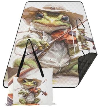 Imagem de TSENQUE Lindo sapo musical violino à prova de areia cobertor de praia impermeável rosa piquenique tapete floral dobrável para acampamento ao ar livre 203 cm x 152 cm