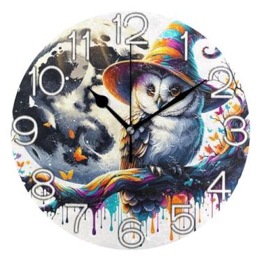 Imagem de GAIGEO Relógio de parede analógico decorativo escritório cozinha relógio operado por bateria silencioso, arte de parede boho decoração de casa, coruja lunar peculiar colorido, 25 cm, ponteiros pretos
