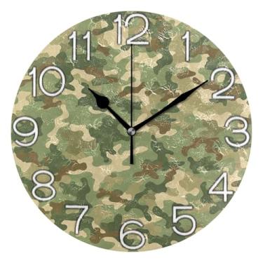Imagem de GAIGEO Relógio de parede analógico abstrato camuflado verde bege decorativo relógio de cozinha bonito operado por bateria, decoração de parede moderna para sala de estar, 25 cm, ponteiros pretos