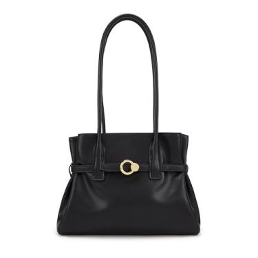 Imagem de ELLE Bolsa de ombro com alça superior de couro legítimo, média, Preto