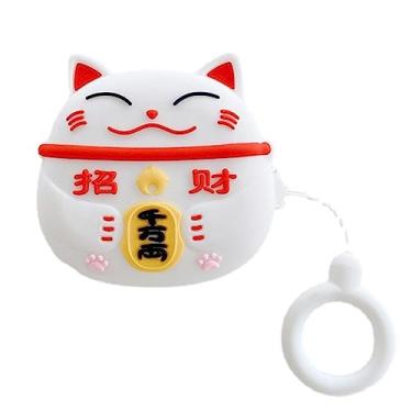 Imagem de Capa de fone de ouvido para Samsung Galaxy Buds 2 Pro/Live/Pro/2/FE, capa de fone de ouvido de silicone com design de gato da sorte fofo Maneki-Neko com ganchos (branca)