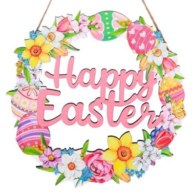 Imagem de Placa de madeira para porta da frente, flor de primavera, guirlanda de ovo, cabide de porta, feliz Páscoa, parede, janela, sinais, decoração de casa para decoração de casa de primavera