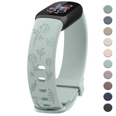 Imagem de Pulseira feminina com gravação floral, compatível com Fitbit Luxe, pulseiras esportivas macias de substituição para monitor de fitness e bem-estar Fitbit Luxe (ciano claro)