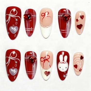 Imagem de Unhas postiças curtas com ponta francesa com design fofo, cobertura completa vermelha e rosa, cola artificial no coração de coelho, inverno, unhas postiças, dia dos namorados, para mulheres, faça você