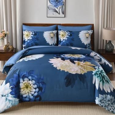 Imagem de DJY Conjunto de edredom King, 7 peças, cinza, azul, floral, elegante, em uma bolsa, de microfibra macia, conjunto de cama completo para todas as estações