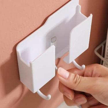 Imagem de 1 prateleira de carregamento para telefone de cabeceira com ganchos – Organizador de controle remoto de TV e AC montado na parede, suporte de telefone adesivo sem perfuração