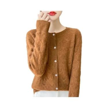 Imagem de Cardigan De Lã Tricotado Feminino Para Outono Inverno Com Decote Redon