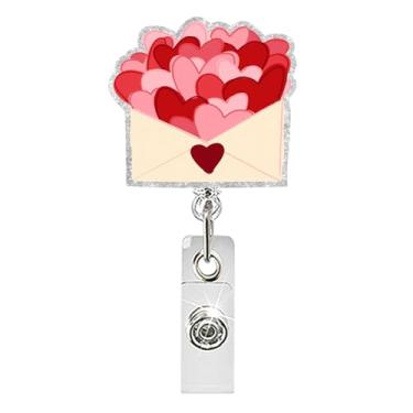 Imagem de Carretel de crachá de coração, lindo porta-crachá de identificação retrátil para dia dos namorados com clipe jacaré, glitter, envelope de amor, crachá, acessórios para enfermeira, médico, trabalhador