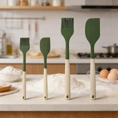 Imagem de Conjunto de 4 espátulas de silicone, cabos de madeira arredondados, espátulas de borracha de grau alimentício para assar, cozinhar e misturar alta resistência ao calor, antiaderente, lavável na