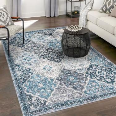 Imagem de KILOCOCO Tapete de área para sala de estar 1,52 m x 18,2 cm treliça marroquina tapete de quarto tapete lavável interior antiderrapante tapete de acento baixo estampado para casa de banho cozinha entrada sala de jogos tapete de escritório, azul