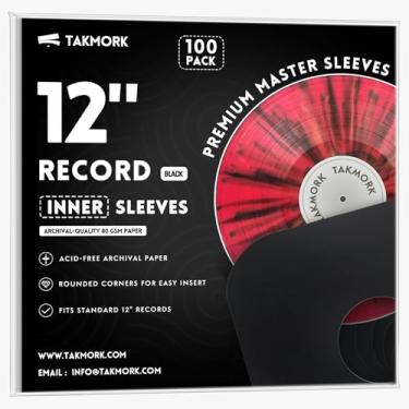 Imagem de TAKMORK Capas de papel internas de disco de vinil de 30 cm - papel pesado de 80 g para LP e álbuns de 33 RPM, inserções protetoras com orifício central e cantos arredondados, preto, 50 peças