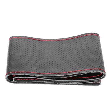 Imagem de KIMISS Capa Envoltória para Volante de Carro de 38 Cm/15 pol. - Couro Totalmente Perfurado, Costura Manual Faça você Mesmo Com Agulha e Linha para Decoração Elegante de Carro (Preto Vermelho)