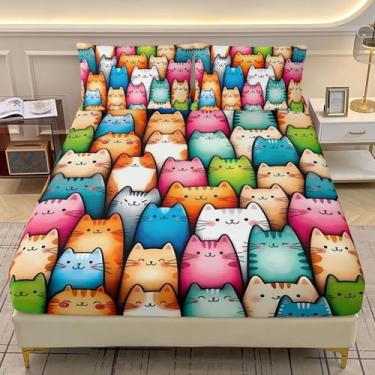 Imagem de AILONEN Jogo de lençol infantil casal com desenho fofo de gato colorido, animais kawaii, macio, bolso profundo com 2 fronhas, 3 peças