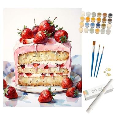 Imagem de Kit de tinta de sobremesa por números para adultos – Bolo de camada de morango DIY com pintura de cobertura rosa enrolada em tela 40,6 x 50,8 cm, conjunto de tinta acrílica para iniciantes, arte para