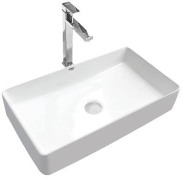 Imagem de Kit Cuba Pia Louça Cerâmica Banheiro C/Torn e Vál Cromada 92 - Smart N