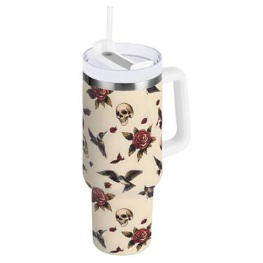 Imagem de SEHANY Copo Skull Gothic de 1,134 g com alça, copo isolado de aço inoxidável de parede dupla, à prova de vazamento, caneca de café isolada para viagem, cabe no suporte de copo de carro