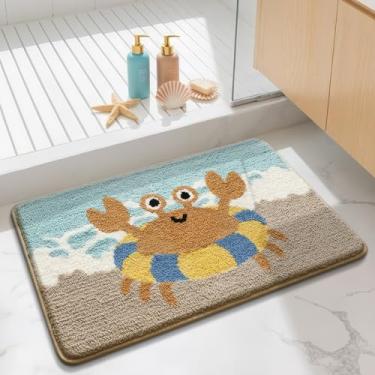 Imagem de Tapete de banho de caranguejo à beira-mar com anel de natação, tapete de banheiro absorvente macio de pelúcia antiderrapante, lavável à máquina, oceano, litoral, decoração náutica, tapetes de banho