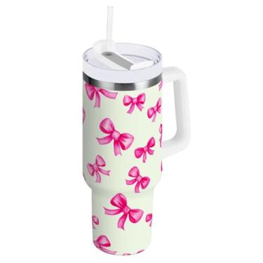 Imagem de SEHANY Copo fofo com laço rosa de 1,134 g com alça, copo isolado de aço inoxidável a vácuo de parede dupla, à prova de vazamento, caneca de café isolada para viagem cabe no suporte de copo de carro