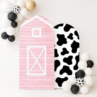 Imagem de Ellteecz Conjunto de 2 capas de arco para decoração de festa de festa de celeiro de fazenda de celeiro com tema de vacas, adereço de festa de primeiro aniversário (2 pés e 1,8 m, vaca)