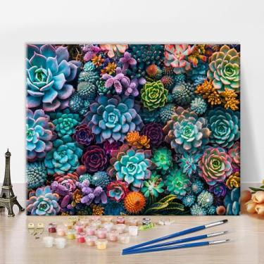 Imagem de TUMOVO Pintura suculenta por número para adultos, kit de pintura DIY de flores por números para adultos, pintura acrílica botânica por número em tela para presente decoração de parede de casa 40,6 cm