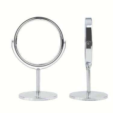 Imagem de Espelho de Maquiagem Redondo Dupla Face com Ampliação, Base Antiderrapante, Cromo Polido – Portátil e Elegante para Penteadeira, Banheiro ou Quarto, Estilo Costeiro(prateado,7,62 Cm)