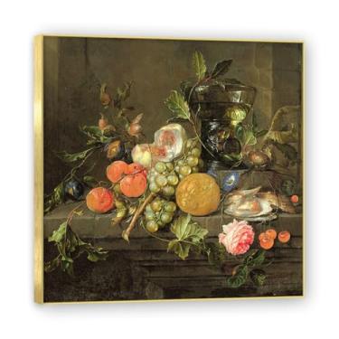 Imagem de Moldura dourada. Arte vintage emoldurada de frutas mortas, pintura clássica de cozinha country, decoração de parede de casa de fazenda quente para sala de jantar e cozinha. A01. 50 x 50 cm-19,6 x 19,6
